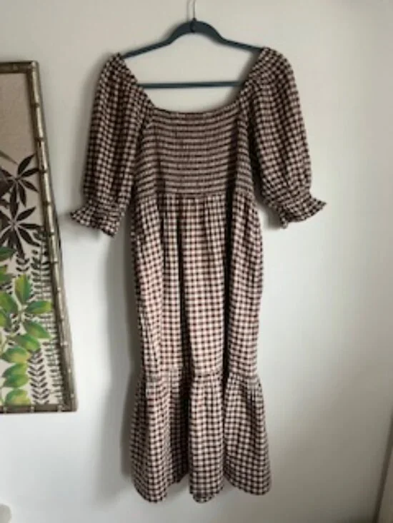 Madewell Lucie Elbow-Sleeve Smocked Gingham Midi Dress Two Pockets Women's M - Picture 3 of 15